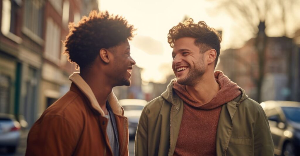 Two men having a laugh, sharing a smile together.